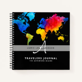 Aquarel Wereldkaart Reizigersjournaal Met Monogram Notitieboek