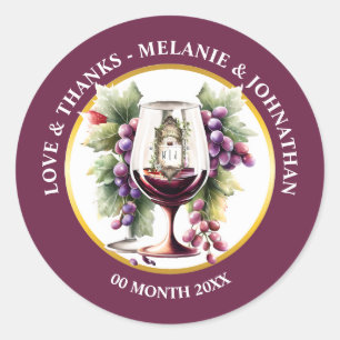 Aquarel wijnflessen druiven burgundy wijnmakerij ronde sticker