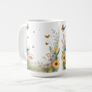 aquarel wilde bloemen grassen en vlinders, koffiemok