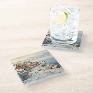 AQUAREL WINTER LANDSCHAP AAN DE ZEE GLAZEN ONDERZETTER