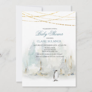 Aquarel Winter Pinguïn Baby Shower Uitnodiging