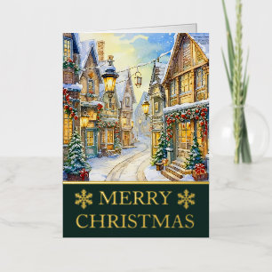 Aquarel Winterstraat Scène Kerstkaart Folie Feestdagenkaart