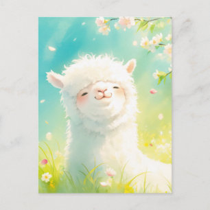 Aquarel Witte Alpaca en Roze Kersenbloesem Briefkaart
