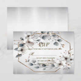 Aquarel Witte Bloemen Gouden Frame Zilver Teal RSVP Kaartje