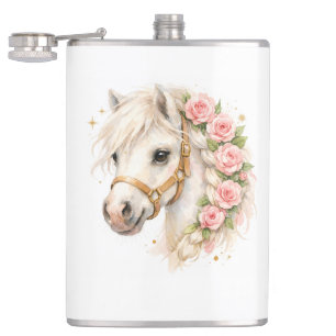 Aquarel Witte Paard Keramische Fles met Roos Heupfles