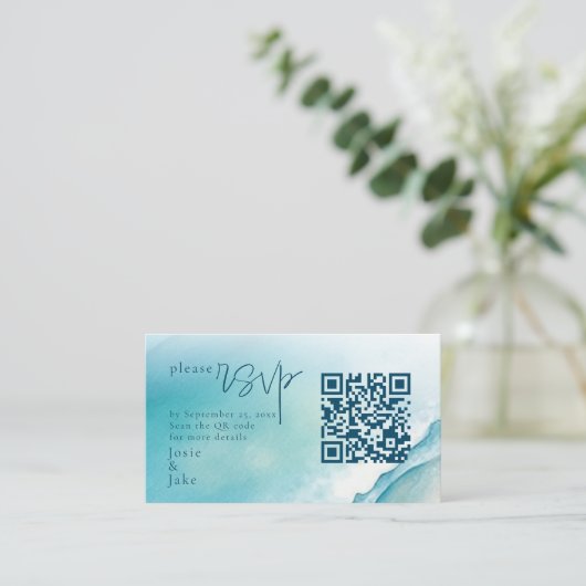 Aquarel Zee en Zand RSVP met QR Code Informatiekaartje (Staand voorkant)