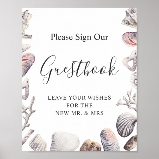 Aquarel Zee Schelp Strand Bruiloft Gastboek Bord Poster (Voorkant)