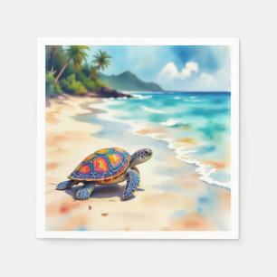 Aquarel Zeeschildpad Op Een Strand Servet