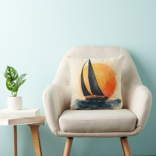 Aquarel Zeilboot bij Zonsondergang Kussen
