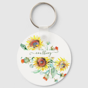 Aquarel zonnebloemen gepersonaliseerd sleutelhanger