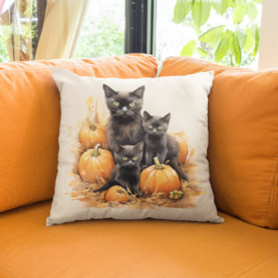Aquarel Zwarte Kat en Kittens Pompoen Kussen