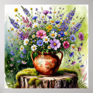 Aquarelboeket van wilde bloemen in vaas poster