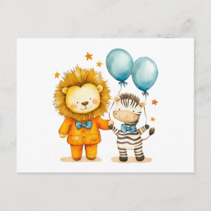Aquarelillustratie van Leeuw en Zebra met Ballonne Briefkaart