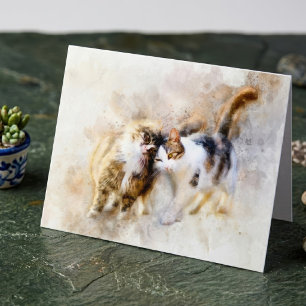 Aquarelkatten die elkaar knuffelen in zachte abstr bedankkaart