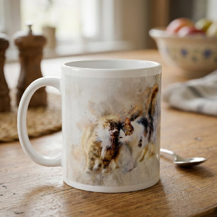 Aquarelkatten die elkaar knuffelen in zachte abstr koffiemok