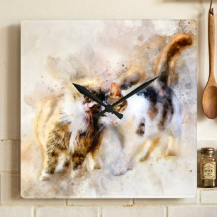 Aquarelkatten die elkaar knuffelen in zachte abstr vierkante klok