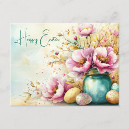 Aquarell Oster Postkarte mit Ostereiern und Blumen Briefkaart