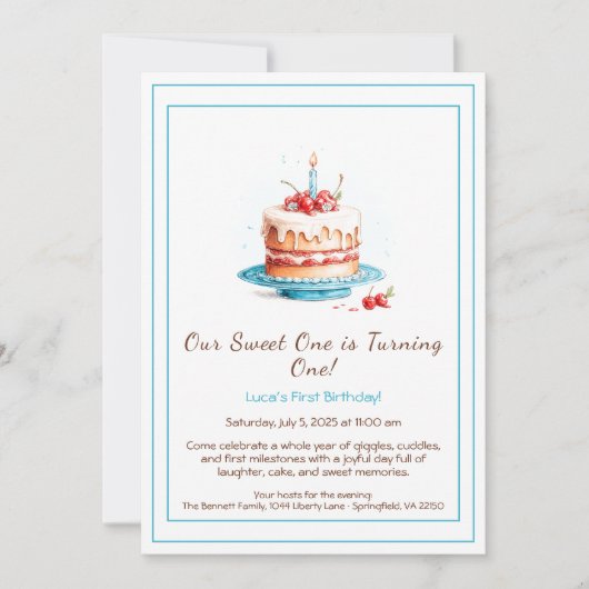 Aquarelle 1er anniversaire Invitation avec bougie  (Devant)