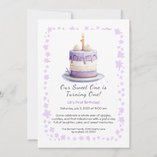 Aquarelle 1er Anniversaire Invitation avec Cake li (Devant)