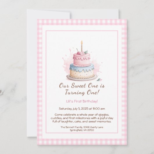 Aquarelle 1er anniversaire Invitation avec Cake ro (Devant)