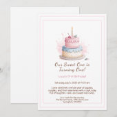 Aquarelle 1er anniversaire Invitation avec Cake ro (Devant / Derrière)