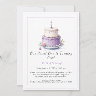 Aquarelle 1er anniversaire Invitation avec gâteau 