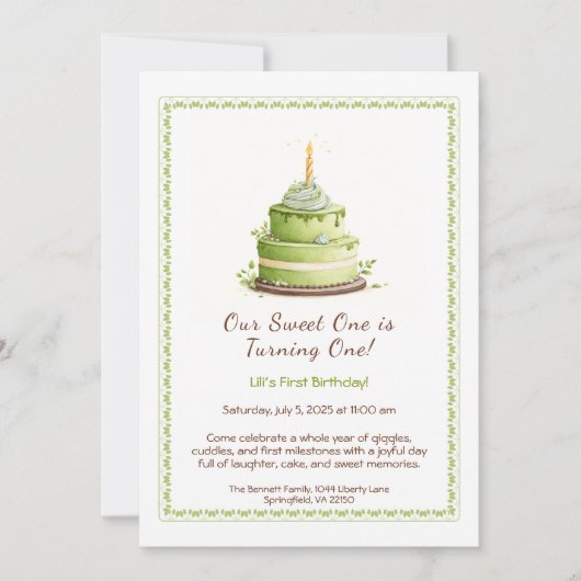 Aquarelle 1er anniversaire Invitation - Vert pâtis (Devant)