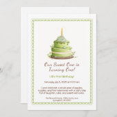 Aquarelle 1er anniversaire Invitation - Vert pâtis (Devant / Derrière)
