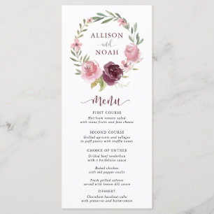 Aquarelle à fleurs rose bordeaux menu mariage