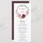 Aquarelle à fleurs rose bordeaux menu mariage (Devant / Derrière)