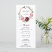 Aquarelle à fleurs rose bordeaux menu mariage (Debout devant)