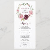 Aquarelle à fleurs rose bordeaux menu mariage (Devant)