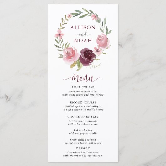 Aquarelle à fleurs rose bordeaux menu mariage (Devant)