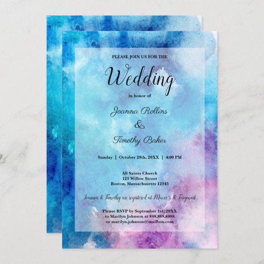 Aquarelle Abstraite bleu violet Faire-part de mari (Devant / Derrière)