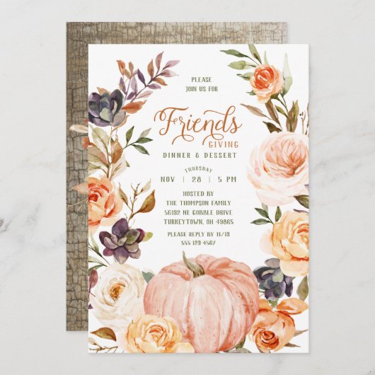 Aquarelle Amicale Citrouille Floral Invitation (Devant / Derrière)