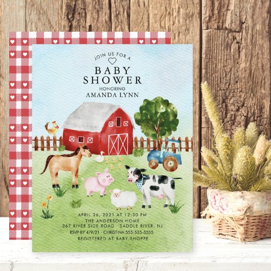 Aquarelle Animaux de ferme Baby shower Invitation