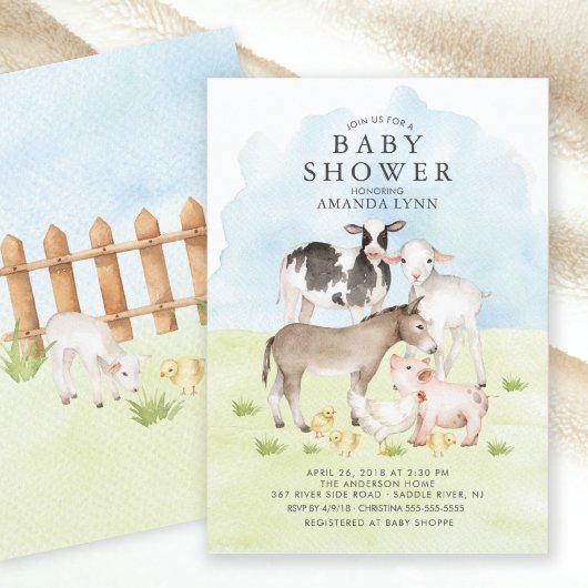 Aquarelle Animaux de ferme Baby shower Invitation