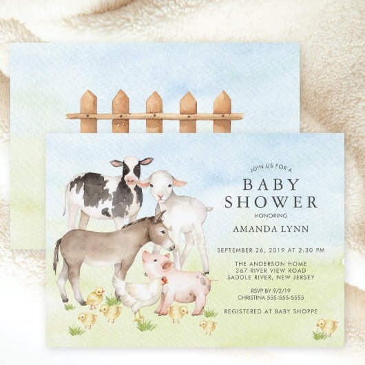 Aquarelle Animaux de ferme Baby shower Invitation