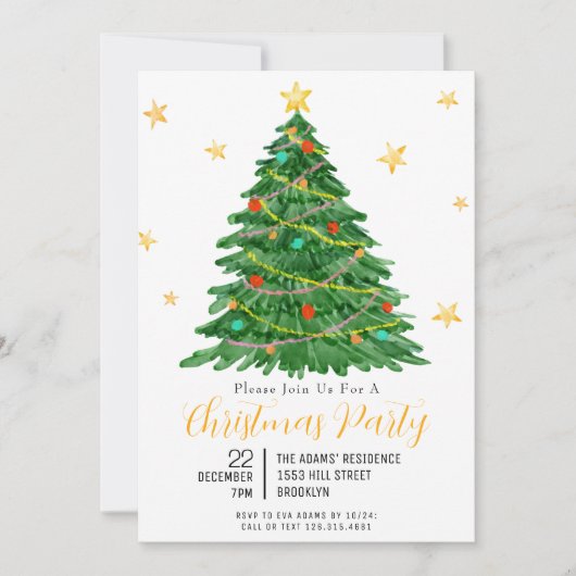 Aquarelle Arbre Joyeux Noël Fête Invitation (Devant)