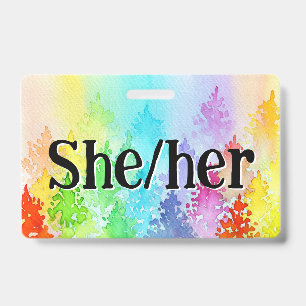 Aquarelle arc-en-ciel Arbres Pronouns Badge