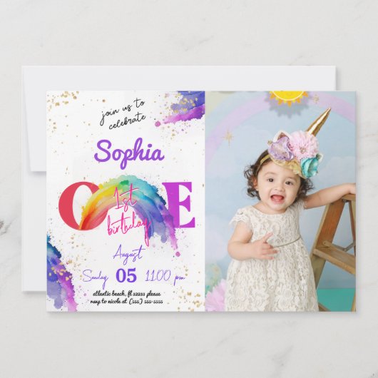 Aquarelle arc-en-ciel Photo Invitation d'anniversa (Devant)