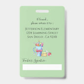 Aquarelle Art enseignant Vert Photo ID Badge (Back)