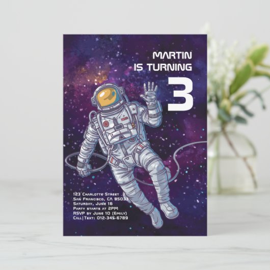 Aquarelle astronaute dans l'espace Invitation d'an (Debout devant)