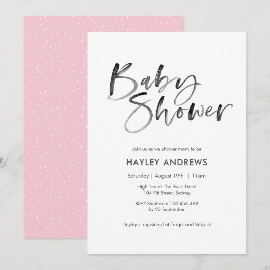 Aquarelle Baby shower invitation rose (Devant / Derrière)