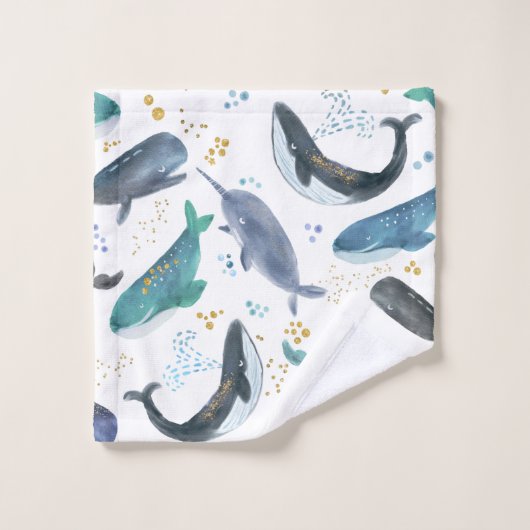 Aquarelle Baleines Océan Poisson Or Bleu (Gant de toilette)