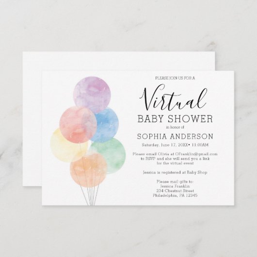 Aquarelle Ballons Baby shower virtuel Invitation (Devant / Derrière)