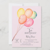 Aquarelle Ballons rose 1er anniversaire Invitation (Devant)
