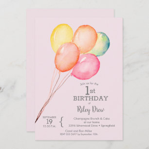 Aquarelle Ballons rose 1er anniversaire Invitation