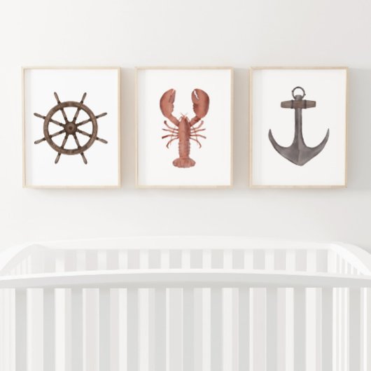 Aquarelle Bateau Roue Homard Ancre Nautique