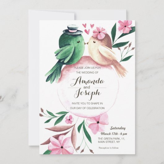 Aquarelle Beaux oiseaux faire-part de mariage flor (Devant)